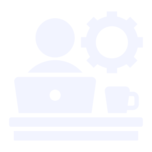Focused professional icon showing person working on laptop with coffee and gear symbol representing productivity and operations