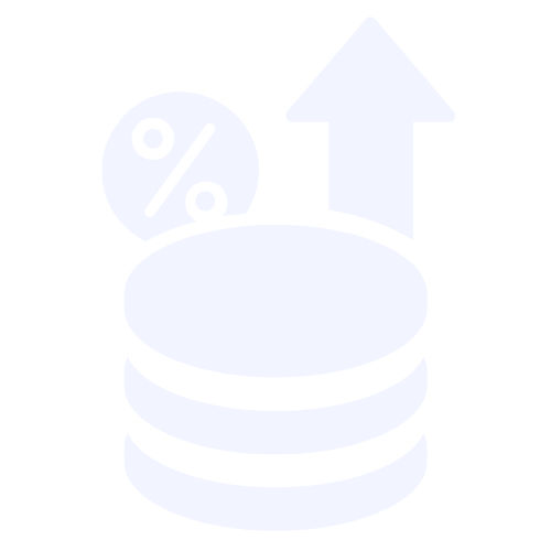 Stacked coins with percentage and upward arrow icon representing growth, commissions, and increased earnings