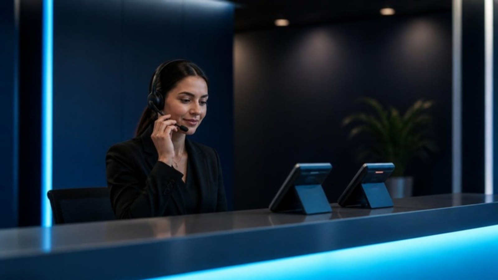Receptionist with a headset answering calls at a modern front desk