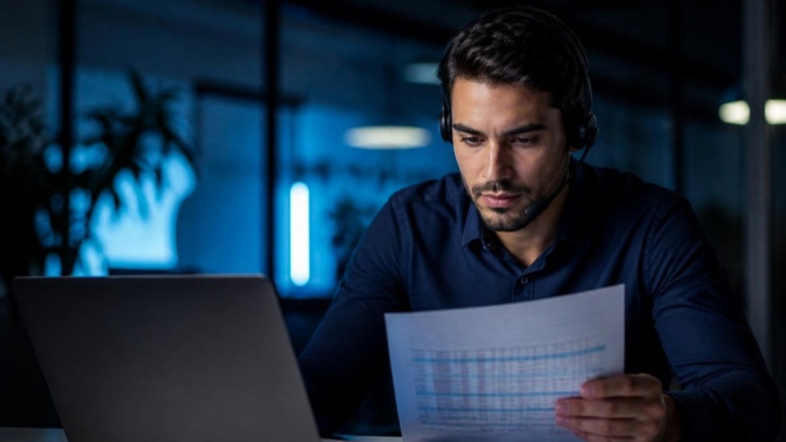 Sales rep with a headset reviewing a pricing sheet at a laptop