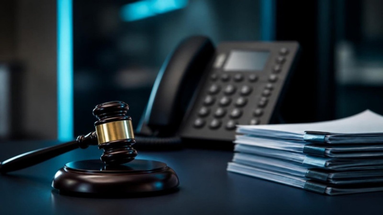 Gavel beside a desk phone and a stack of compliance documents