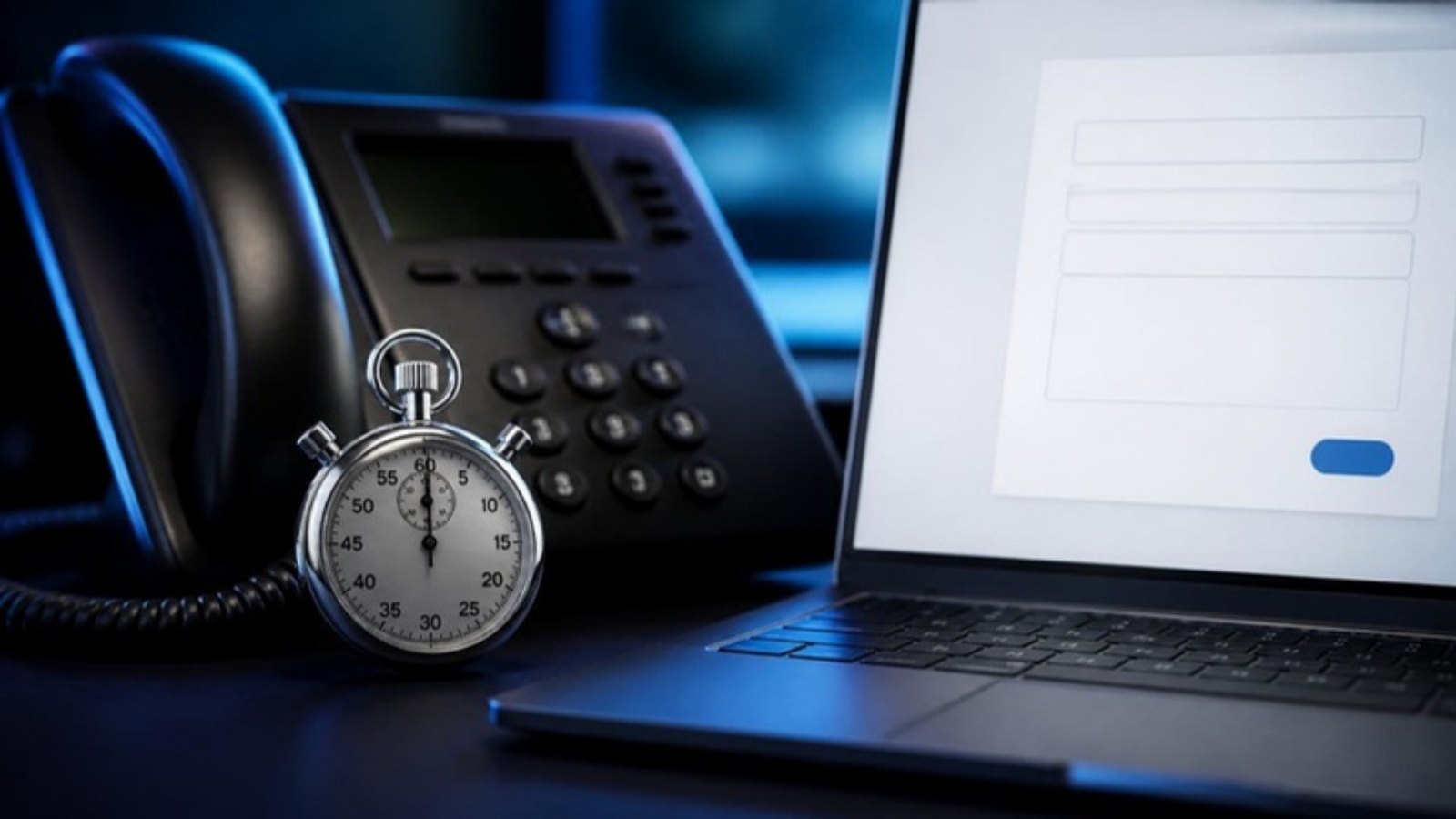 Stopwatch beside an office phone and a laptop showing a web contact form
