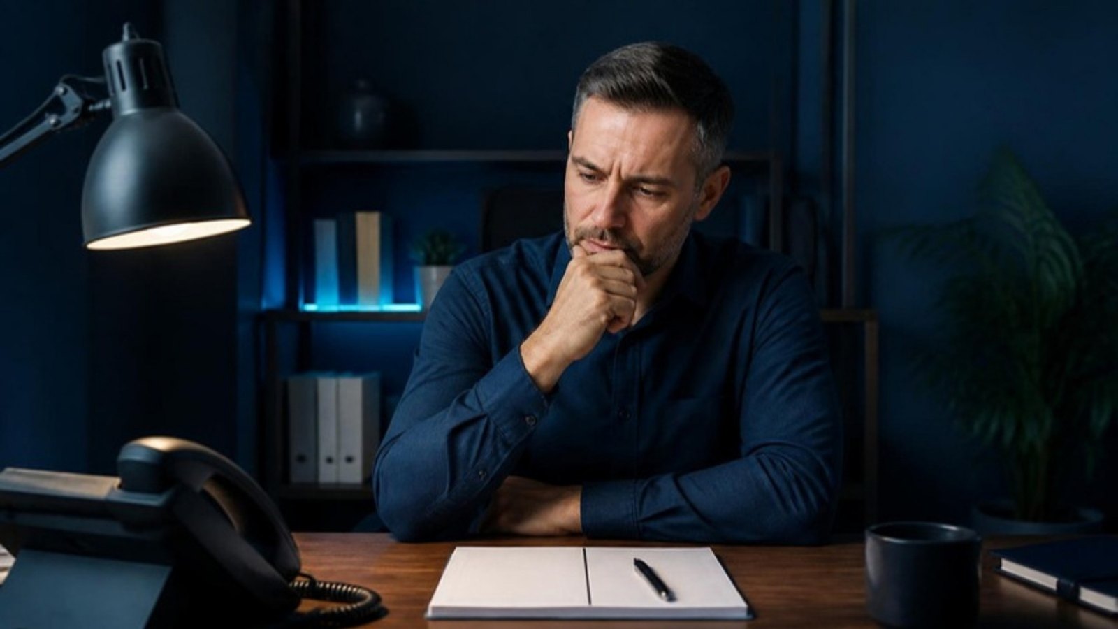 Business owner weighing a decision at a desk beside a phone and notepad