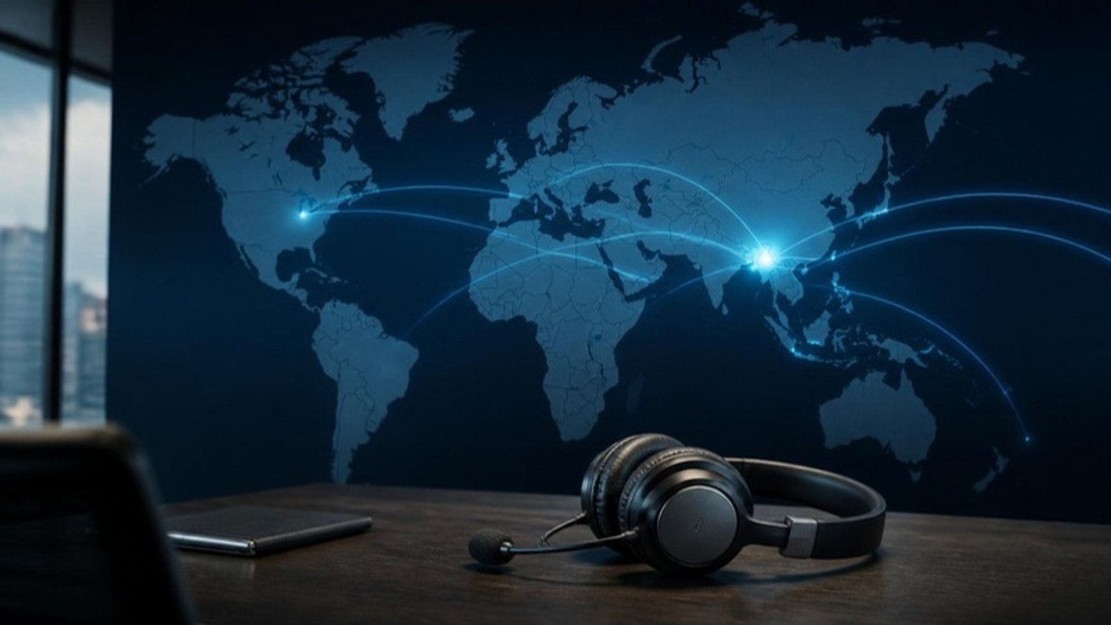 World map with glowing connections between Asia and North America, headset on a desk